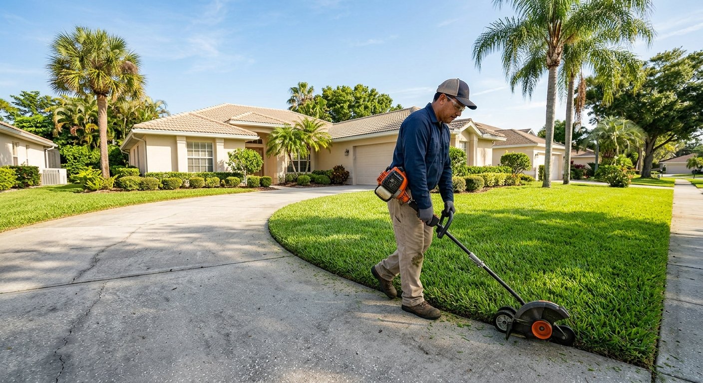 Man edging thick St. Augustine grass along a driveway in a sunny Florida suburban yard with palms in background