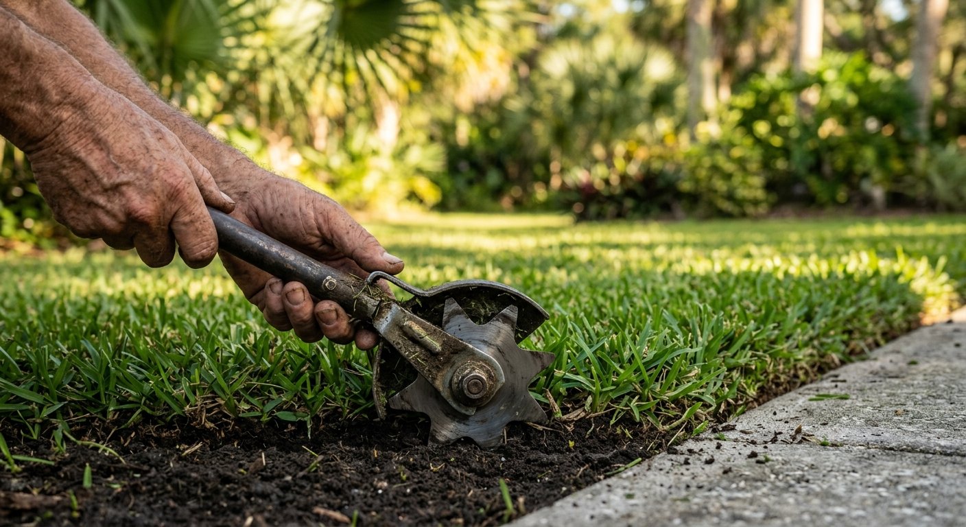 Weathered hands pressing a rotary edger blade along a clean soil-to-grass boundary on a Florida lawn in warm afternoon light