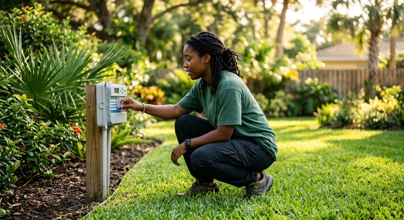 Young woman crouching at a lawn irrigation controller in a backyard with a crisp grass edge visible nearby in late afternoon