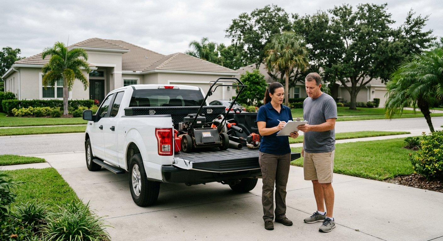 Lawn care worker and homeowner review paperwork on a clipboard beside a work truck in a residential driveway