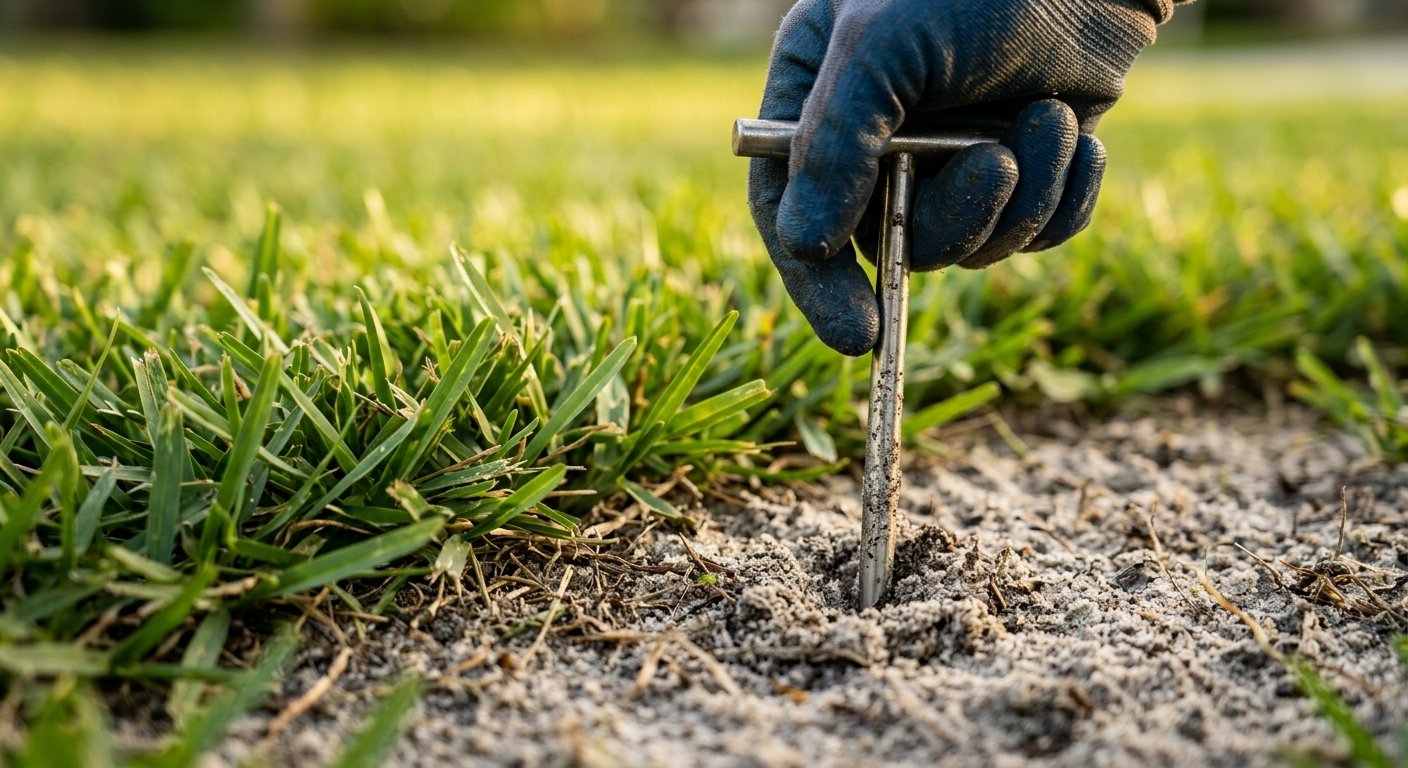 Gloved hand pressing a soil probe into sandy Florida lawn soil beside St. Augustine grass blades, warm golden sidelight