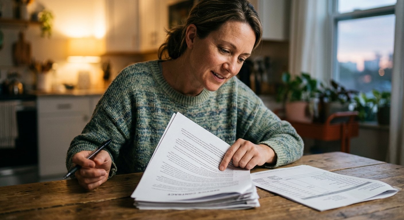 Woman at kitchen table reading a home service contract by lamp light, pen in hand, second document beside her