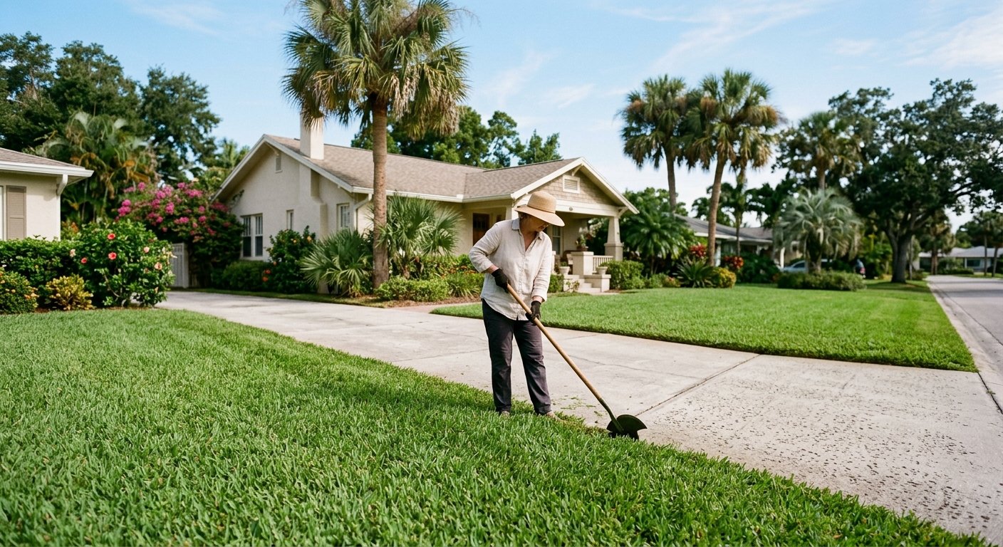 Homeowner edging St. Augustine grass along a driveway in a sunny Florida yard with palms and a coastal bungalow behind