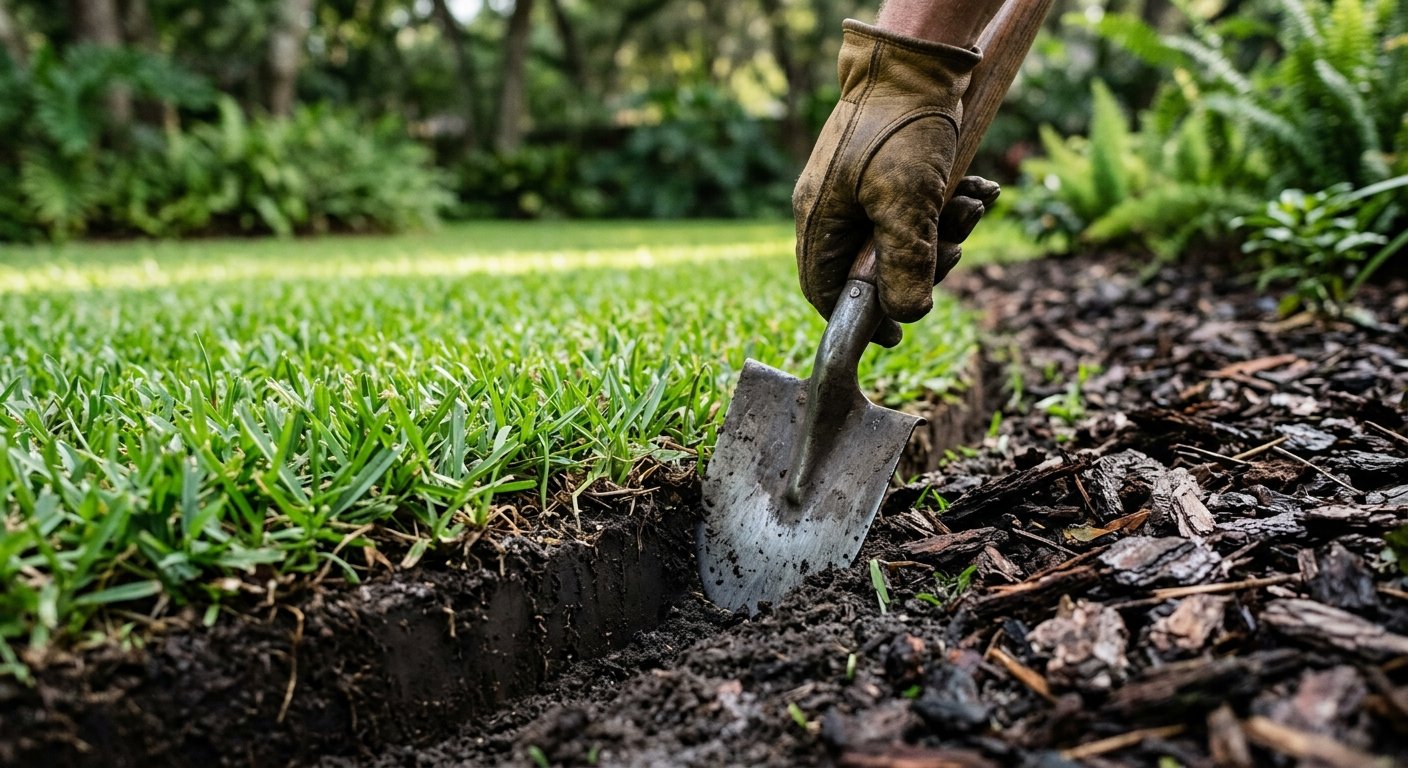 Gloved hand pressing a half-moon edger into the soil line between grass and a dark mulch garden bed, clean vertical cut visib