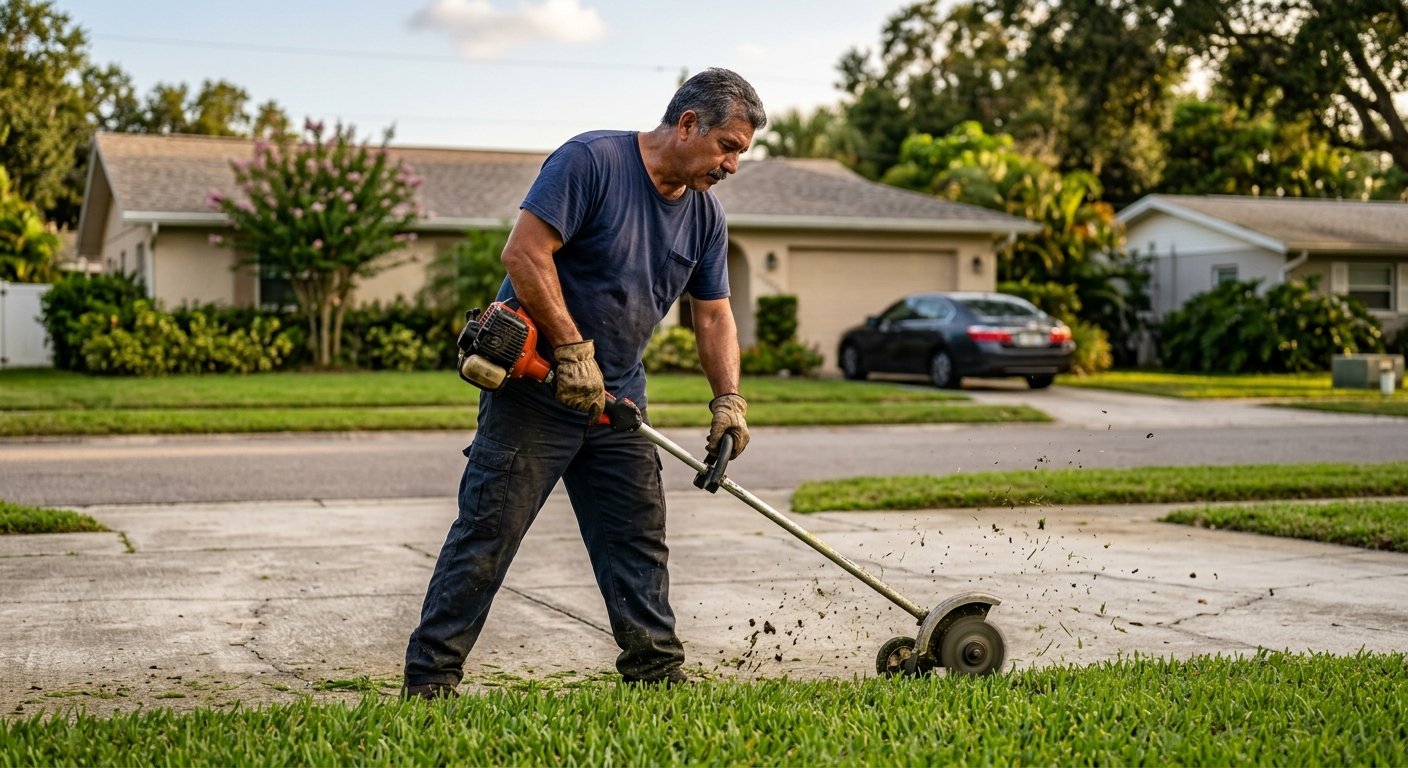 Man in work gloves using a powered stick edger along a driveway-lawn border on a Florida residential street at dusk