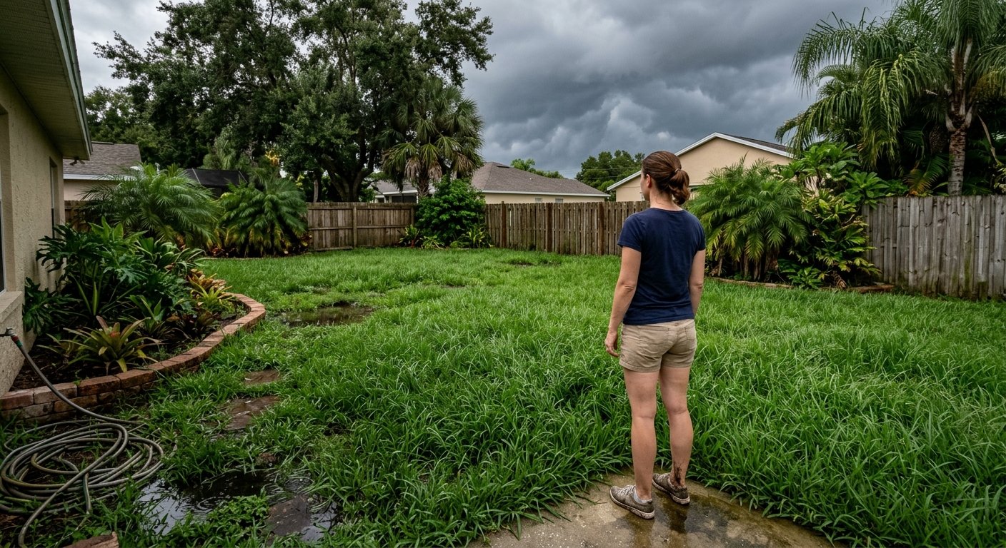 Woman standing at edge of overgrown Florida backyard lawn under dark storm clouds, grass thick and rain-soaked after summer s