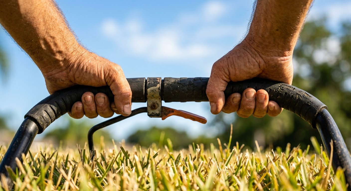 Weathered hands gripping a lawn mower handle over dry St. Augustine grass in bright mid-morning Florida sunlight