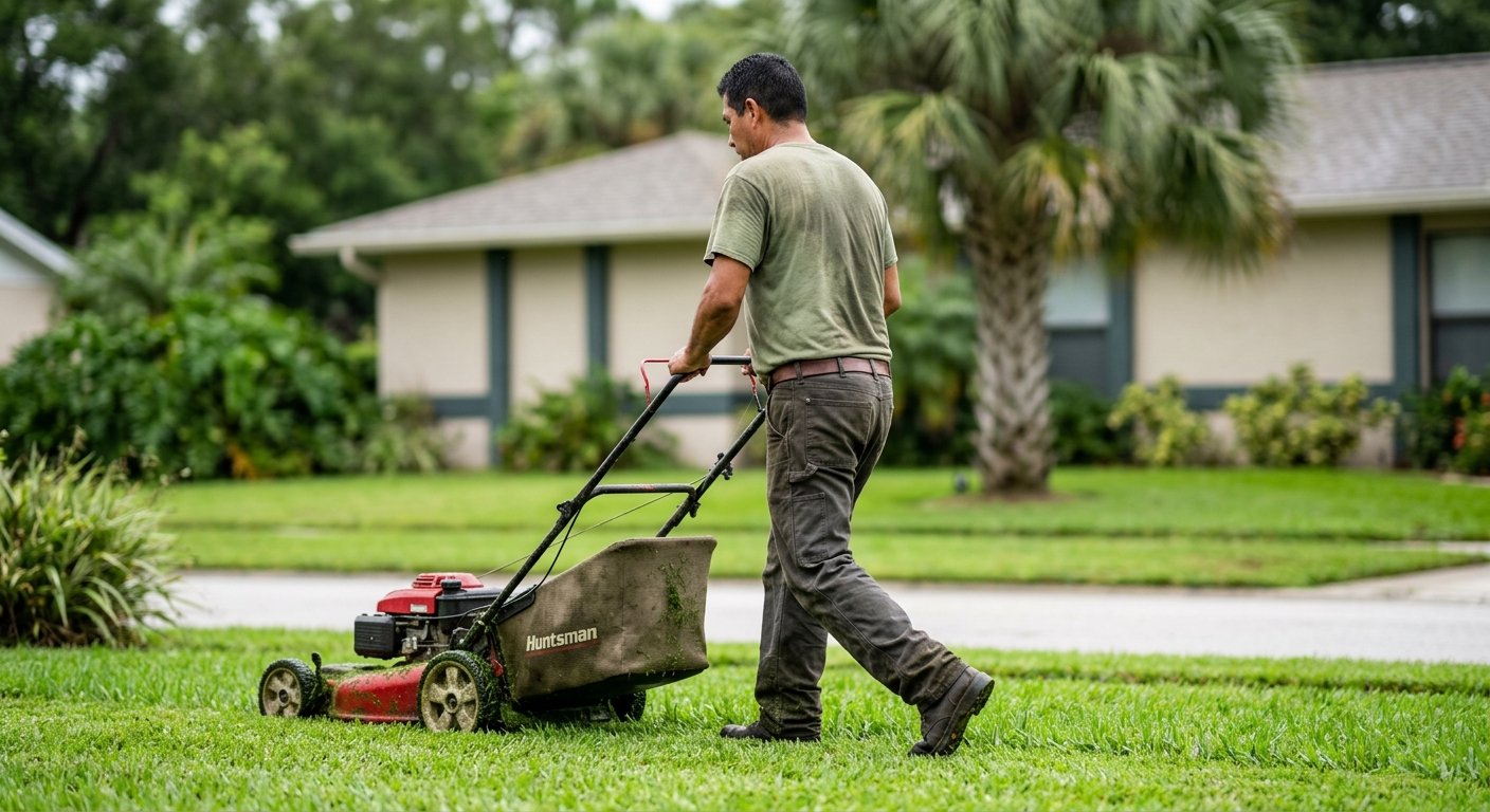 Latino man pushing red lawn mower across wet, glistening Zoysia grass in a Florida front yard on a cloudy morning