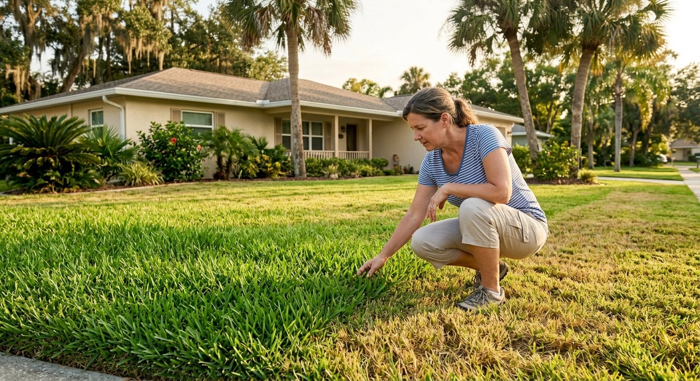 Woman crouching in a Florida front yard examining two patches of lawn grass with different textures, palm trees and ranch hom