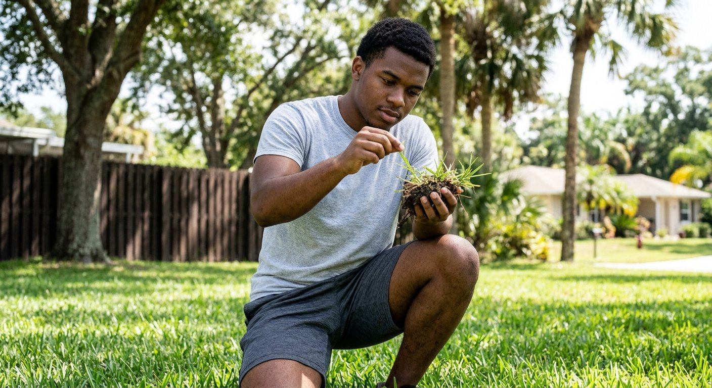 Young man kneeling on lawn in morning light, holding a pulled grass clump close to his face to examine the blade width and te